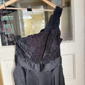 Ramy Brook One Shoulder Black Satin Jumpsuit Size 14 $625 MSRP Wide Leg Evening